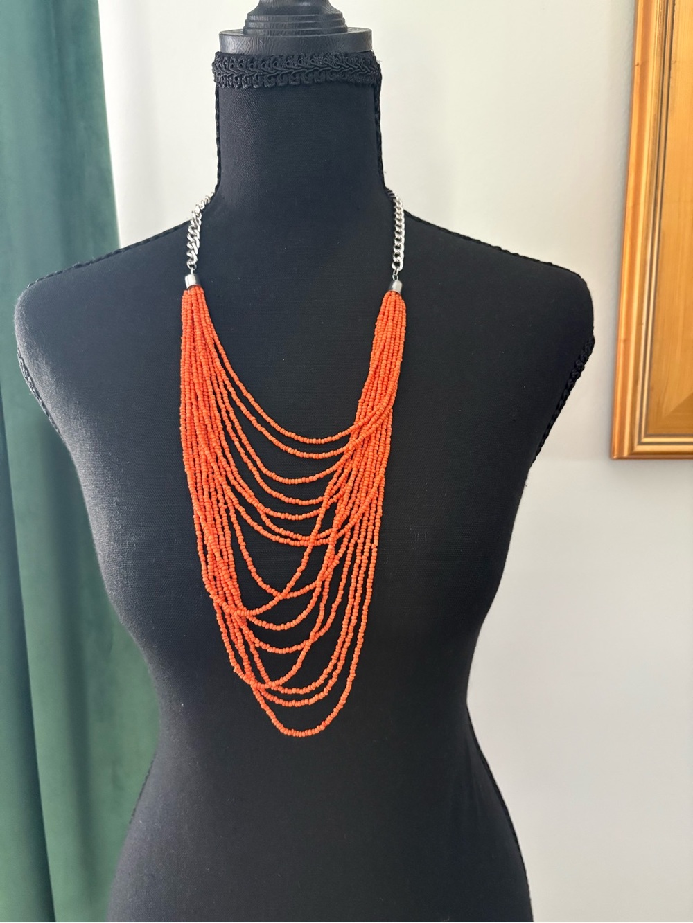 Source Unknown Orange Multi-Strand Beaded Necklace with Silver Chain